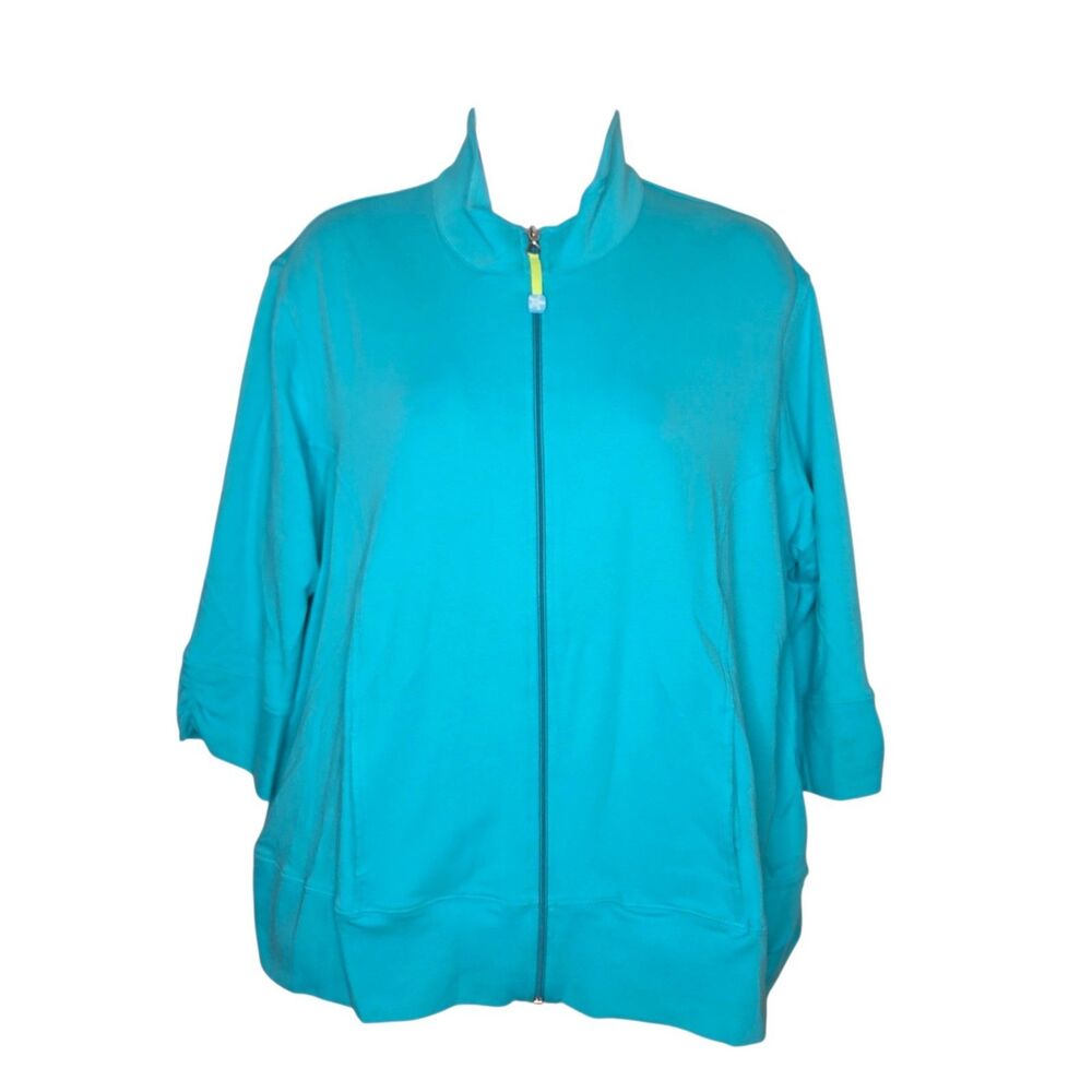Fresh Produce Womens Teal Turquoise 3/4 Sleeve Full Zip Ribbed Jacket EJKRIBS